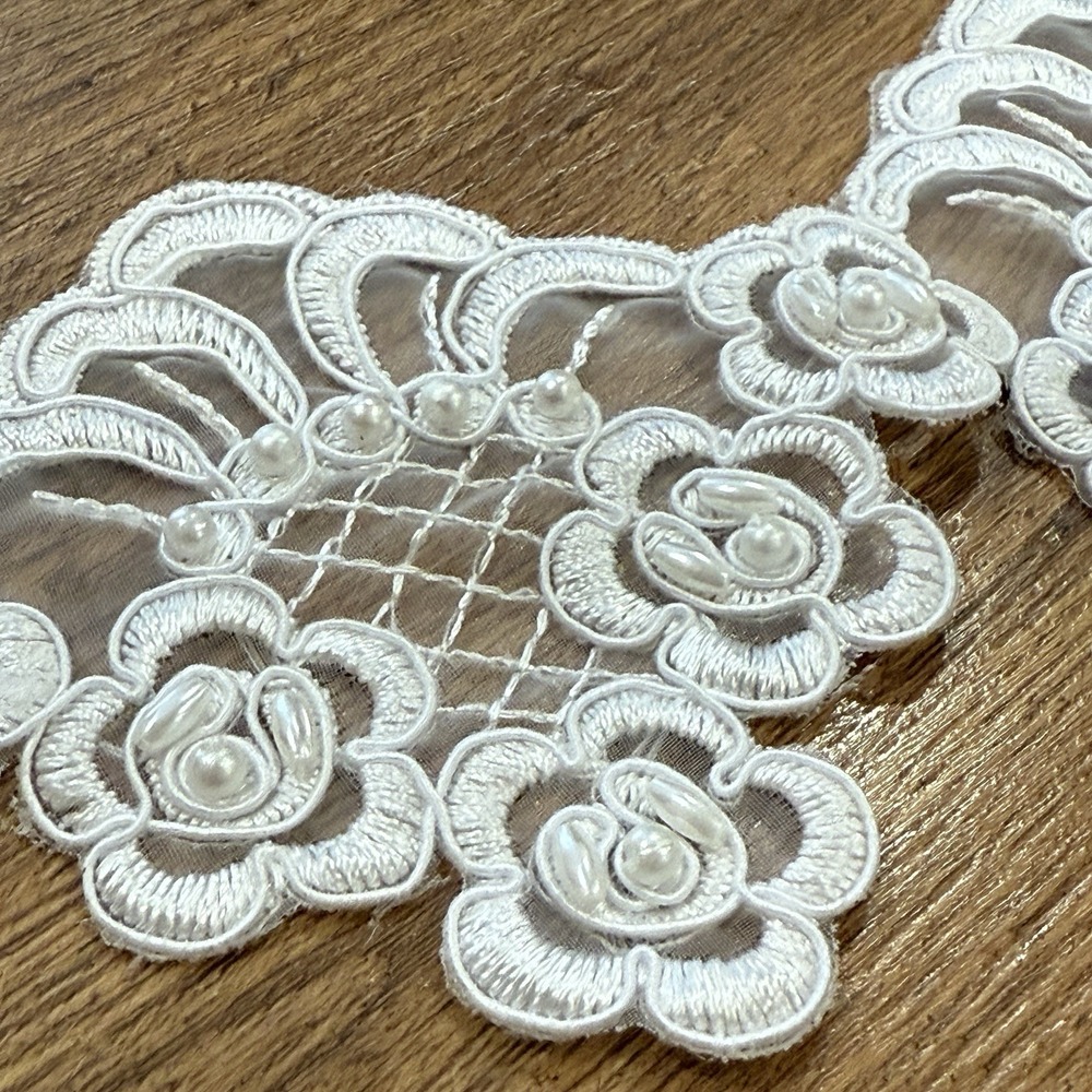 Applique White Flower Lace Pearl Trim Embroidered Sewing Lace Sew Pearls 16.5"